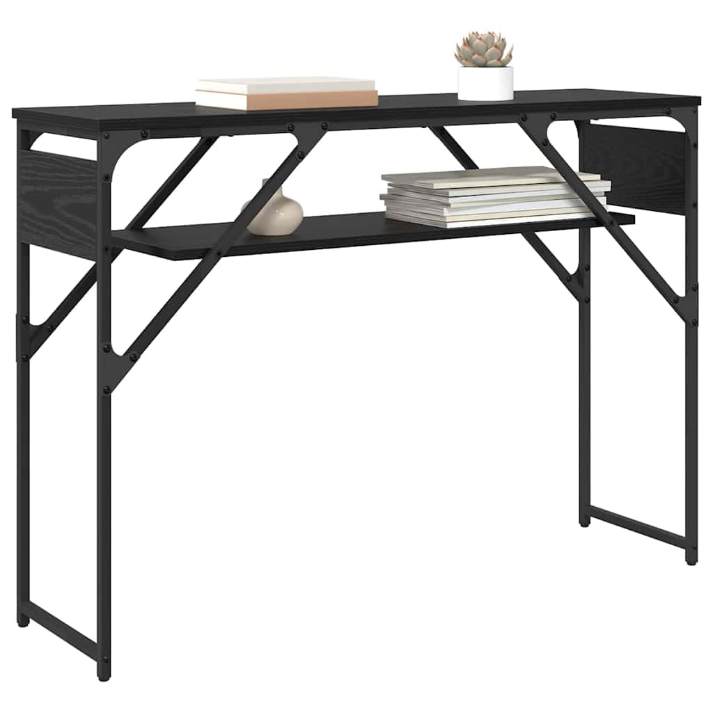 Stolik konsolowy, czarny, imitacja dębu, 105 x 30 x 75 cm, materiał drewnopochodny z 2 półkami, styl industrialny, wytrzymały, wszechstronny jako stolik pomocniczy, trwały