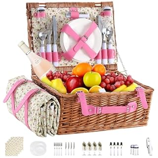 YPshuye Picnic Basket Set for 4 with Waterproof Blanket Mat Insulation Bag Wicker Pink Floral Classic Fresh Gift for Wedding Birthday Summer Camp Outdoor Camping Beach Travel Christmas Thanksgiving
