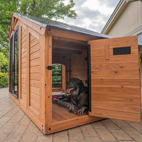 Backyard Discovery 7' x 5' Waggin' Retreat Cedar Wood Large Dog Kennel with Galvanized Steel Roof, Feeding Door, Doghouse Back Door, Water and Food Tray, Secure Lock Gate for Safe Outdoor Pet Shelter - image 6