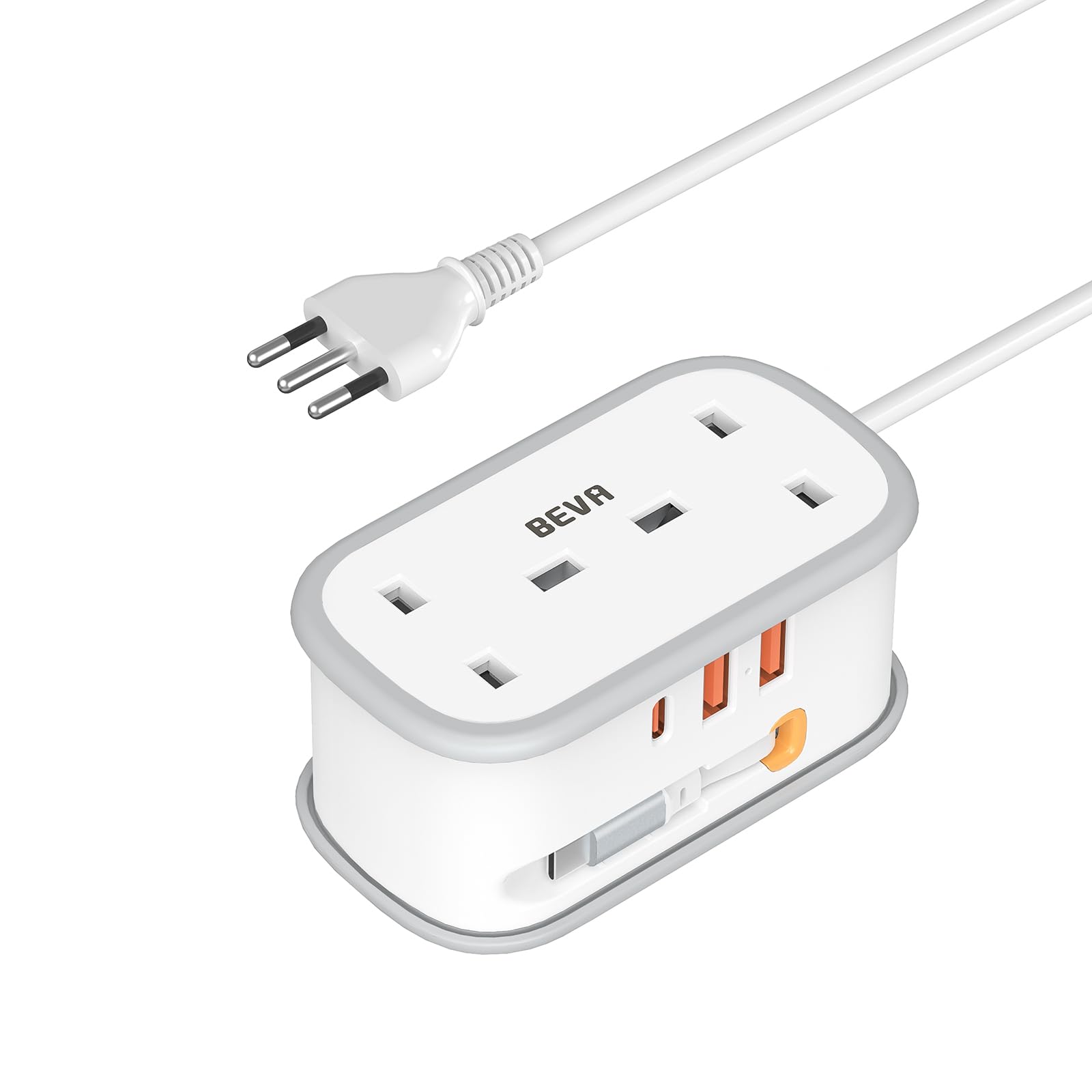 UK to European Plug Adapter with 1.5M Extension Cable, BEVA 2 Way 3 USB (2A+1C) Travel Adapter with Retractable USB C Cable for Germany France Spain Turkey Greece Iceland etc (Type E/F) — view 8