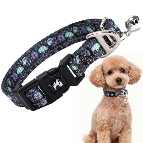XS Dog Collar with Bell - Soft Adjustable Nylon Collar for Small Breeds, Skull Pattern Reflective Collar for Chihuahua Pomeranian Yorkie, Lightweight & Comfortable for Tiny Dogs (Skull XS) 5