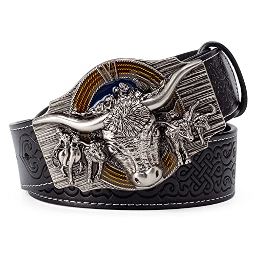 Ceinture western en cuir homme vintage marron large avec boucle relief 3D cornes longues