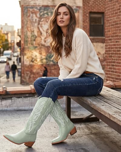 Image of Uillnoodu Wide Calf Cowboy Boots Women Adjustable Lace Up Knee High Tall Plus Size Cowgirl Boots Western Style Comfortable 2-Inch Heel