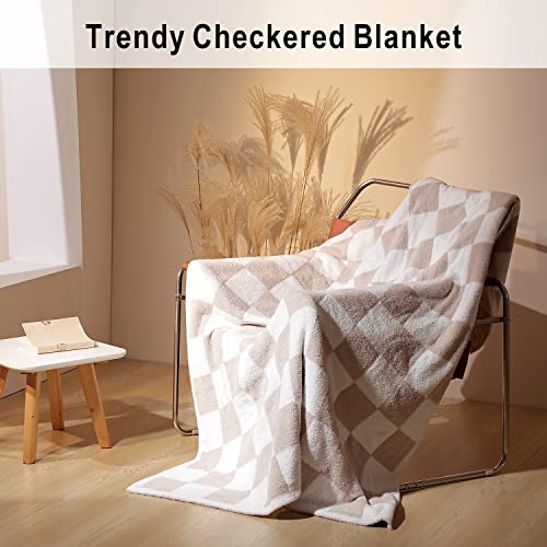 Chic Throw Blankets With Checkerboard Plaid- Stretchy Fluffy Cozy Blanket Trendy Checkered Gingham Decor For Couch, Bed, Sofa(Throw Size 51"X 63", Light Khaki) #TOP1