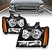 AmeriLite Halogen Car Headlight Pair With Bulbs and Harness Replacement For Chevy Tahoe Suburban Avalanche - Driver and Passenger Side, Vehicle Light Assembly, Black Housing