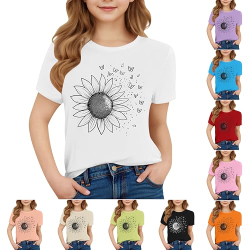 Girls Short Sleeve T Shirts Sunflower Butterfly Print Kids Casual Summer Tops Loose Crewneck Basic Tees for 3-15 Years2