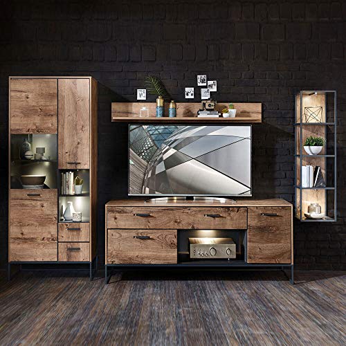 Lomadox Industrial TV-Wohnwand in Haveleiche Cognac Dekor mit Graphit inkl. LED-Unterbaubeleuchtung