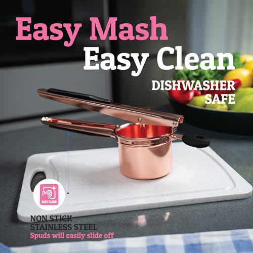 PriorityChef Large 15oz Potato Ricer, Heavy Duty Stainless Steel Potato Masher and Ricer Kitchen Tool, Press and Mash Kitchen Gadget For Perfect Mashed Potatoes - Everytime, Rose Gold and Black