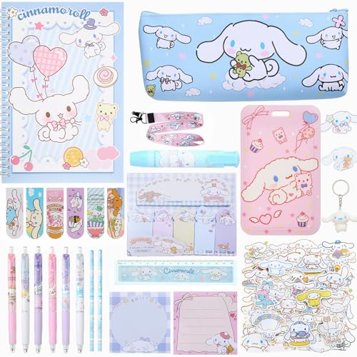 Image of Kueeger Cute School Supplies Set,Kawaii School Supplies Gifts Set Includes Pencil Case,Pens,Sticky Note,Pins,Ruler,Eraser,Bookmarks,Stickers,Keychain,ID Card Holder with Lanyard