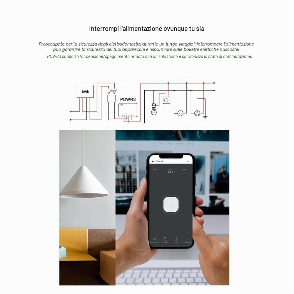 SONOFF POWR3 WiFi interruttore intelligente con monitoraggio energetico, Smart Switch WiFi ad alta potenza 25A 5500W, compatibile con Amazon Alexa e Google Home, Smartthings