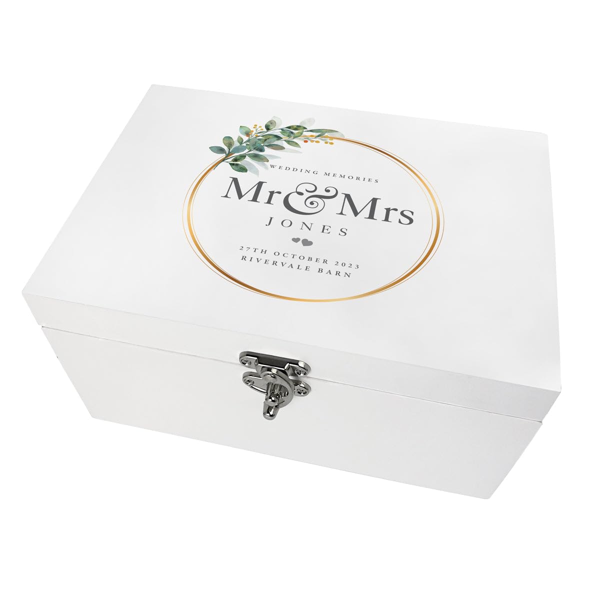 Personalised White Wooden Wreath Wedding Keepsake Box | Custom Names, Venue and Date | 30cm x 23cm x 18cm