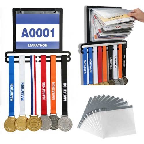 Kamnowal Race Medal and Bib Display Wall Mounted Rack Heavy Duty Metal Hanger with 10 Clear Bib Holders Holds 20 Bibs & 40 Medals Gift for Runners Marathon Athletes