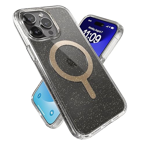 Image of Speck iPhone 15 Pro Max Case - Built for MagSafe, Drop Protection - Scratch Resistant, Anti-Yellowing 6.7 Inch Phone Case - Presidio Lux Clear /Gold Glitter /Beige Sweater
