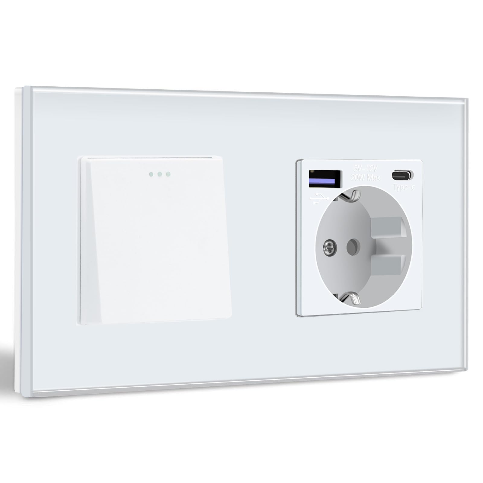 BSEED Wall Switch with USB C Plug 20W,1 Gang 2 Way Switch Switch+Schuko Plug with USB Type C Fast Charger,White Suitable Integrated Plug,10A Light Switch