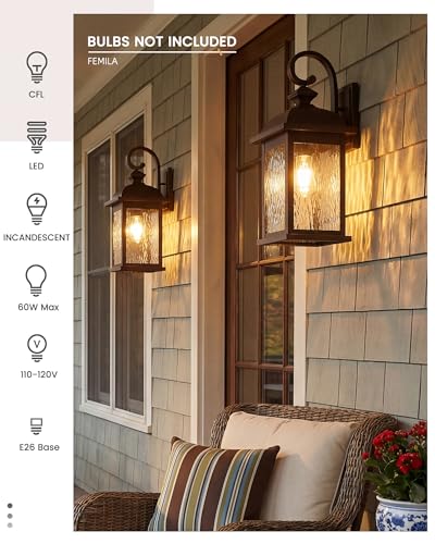 Image of FEMILA 21 inch Outdoor Wall Light Fixtures, Rust-Proof Waterproof Outdoor Wall Lamp, Ideal for Porch, Patio, Entryway, Garage, with Water Ripple Glass, 4FD54B2 ORB-WP