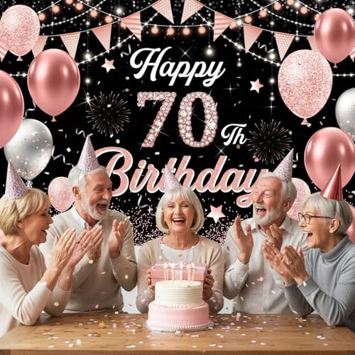 Image of 70th Birthday Decorations for Women - Happy 70th Birthday Banner Decorations Cheers to 70 Years Birthday Party Indoor and Outdoor Decoration Suppiles Pink Backdrop for 70th Birthday Party Favors Decor