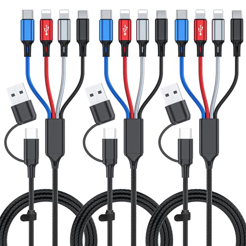 6 in 1 Multi Charging Cable 3Pack-6FT Multi USB Cable 3A Multi Charger Cable Braided Multiple Phone Charger Cable Universal USB A/C Charging Cord with 2*IP/Type C/Micro USB Port for Cell Phone/Tablets