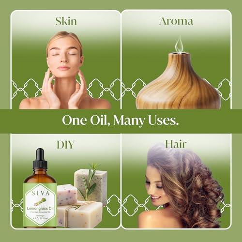 Image of Siva Lemongrass Essential Oil 4 Fl Oz - for Diffuser, Skin & Hair Care - Ideal for Massage & DIY Blends- with Dropper