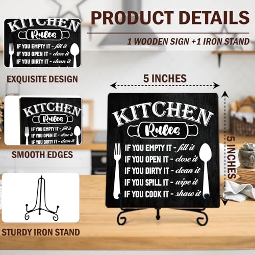 Image of DETIHO Funny Kitchen Decor, Rustic Kitchen Decorations Wood Sign with Iron Stand, Black Wooden Box Sign for Home Dining Room - G05