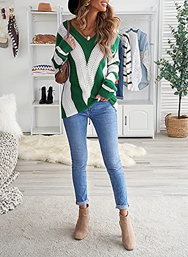Image of FEKOAFE Womens 2026 Deep V Neck Sweaters Striped Long Sleeve Knit Pullover Sweaters for Women