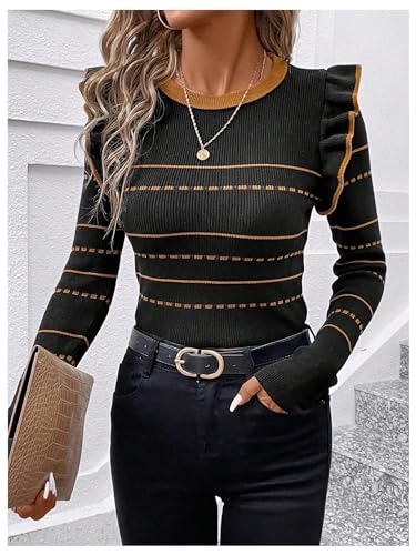 Floerns Women's Striped Print Ruffle Trim Crewneck Long Sleeve Pullover Sweater3