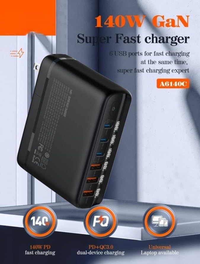 Image of FACTOTECH GaN 140W USB C Charger 6 Port LED USB Charging Fast Charging USB C Laptop Charger Replaceable Indian Plug for MacBook Pro /Air, Dell XPS,i-Phones 15 Pro,i-pad pro,Galaxy,Pixel,Smartphones