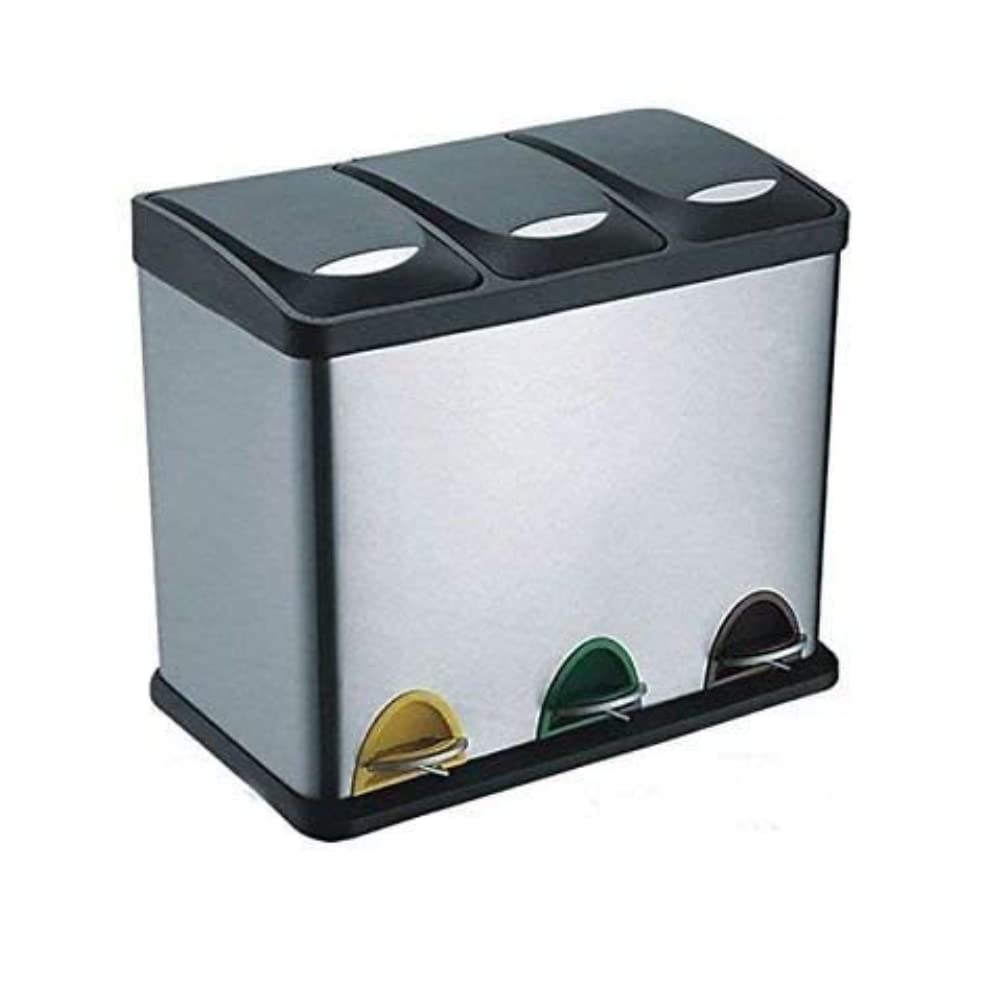 EVRE Stainless Steel Multi Compartment Recycling Bin with Removable Inner Buckets, Odour Seal, Non Slip Base Dustbin for Rubbish Trash Waste Indoor Kitchen Office Home (24L, 3x8L Compartments)
