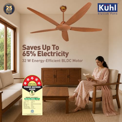 Image of KUHL Meridian M55 1400MM 65% Power Saving BLDC Ceiling Fan With Remote | BEE 5 Star Rated & ISI Marked | High Air Flow | Reverse Mode | 5 Year Warranty on Motor | Free Installation | Teak