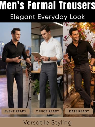 Image of GRECIILOOKS Men's Formal Cotton Blend Trousers, Slim Fit Office Wear Pants with Button Closure, Wrinkle Resistant Smart Casual Workwear Bottoms