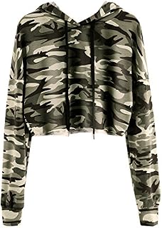 MakeMeChic Women's Long Sleeve Camo Print Sweatshirt Crop Top Hoodies Army Green S