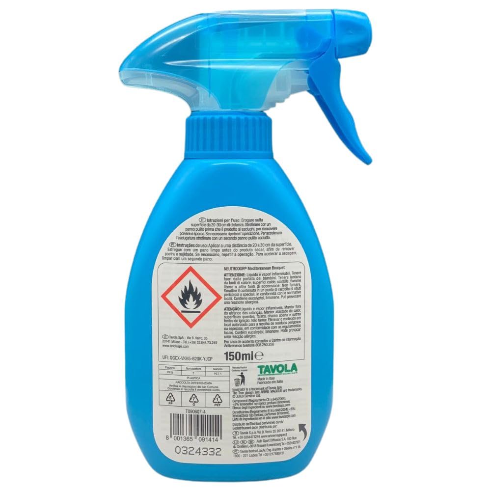 Spray Neutrodor TESSUTI Detergente e Igienizzante Per Le Superfici Dell'Auto, Elimina I Cattivi Odori, Profumo Balsamico 150ml (6 Spray)