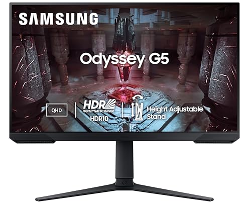 Image of Samsung 27 inch (68.5cm) Odyssey G5 2K Gaming Monitor|QHD 2560 X 1440|165Hz|1ms|300nits|Ports-HDMIx2,DP,Headphone|DP Cable|HDR10|FreeSync Premium|Height-Tilt-Pivot Adjustable Stand|LS27CG510EWXXL|Black