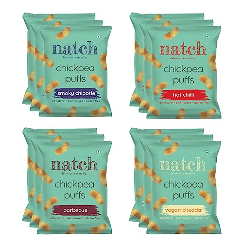 Image of Natch Chickpea Protein Puffs - Variety Pack, Vegan Cheddar, Barbecue, Smokey Chipotle, Hot Chilli, Healthy Snacks , Rich in Fiber, Not Fried Not Baked Gluten Free, Vegan, Trans Fat Free, 20 gm Each (Pack of 12)
