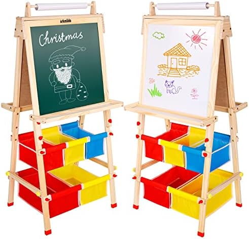 Nukied Kids Easel Wooden Art Easel Large Size Double Sided Chalkboard & Whiteboard Standing Easel with Paper Roll & Multi-Storage Bags for Children Toddlers Educational Gifts Toy for Boys and Girls