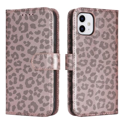 Image of for iPhone 12 Case Wallet with Card Holder,for iPhone 12 Pro Wallet Case for Women Men,PU Leather Shockproof Magnetic Buckle Stand Flip Phone Case-Rose Gold Leopard