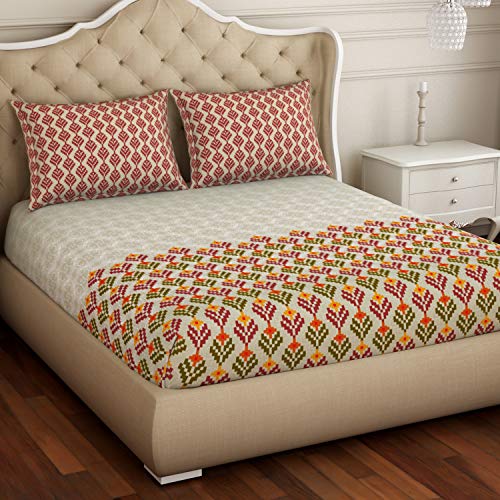 Image of Spaces Atrium Plus 210 TC 100% Cotton Queen Size Fitted Double Bedsheet with 2 Pillow Covers (Floral, 60 inch X 78 inch Inches ) - Maroon