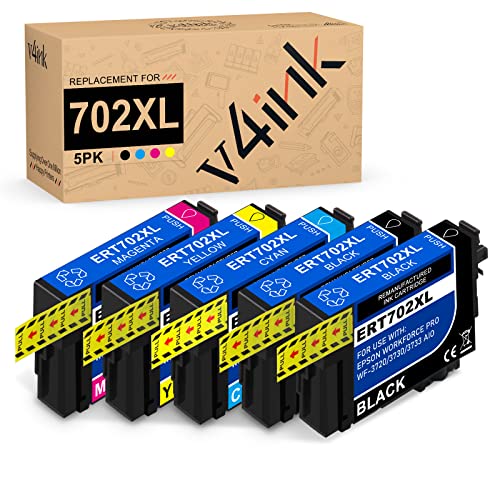 V4Ink 702Xl Remanufactured Ink Cartridge Replacement For Epson 702Xl T702 T702Xl Compatible With Workforce Pro Wf-3720 Wf-3730 Wf-3733 5 Pack (2 Black,Cyan,Magenta,Yellow) #TOP15