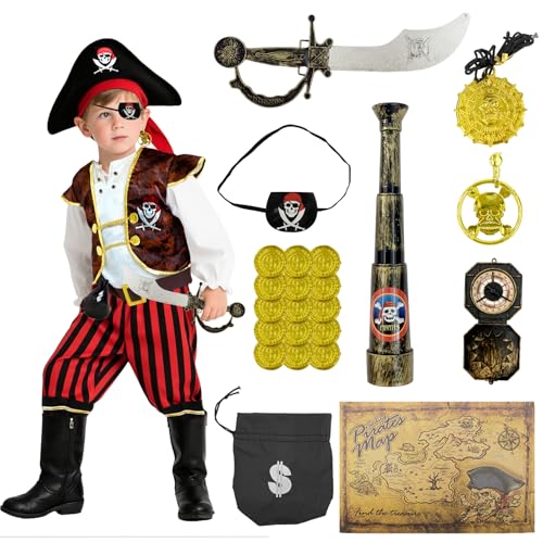 Xerteam 5-Tellges Set Piratenkostum Kinder, 22pcs Piraten-Zubehor, Piraten Deko Kindergeburtstag, Rollenspielkostume fur Kinder, Halloween Kostom fur Kinder4-7