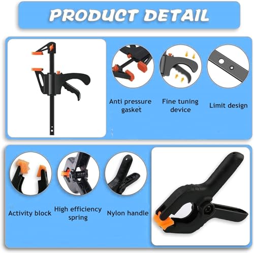 Miniatura 2 de Kaheign 8 Piezas Abrazaderas Juego, 4pz 4 Pulgadas Abrazaderas De Agarre Rápido Con Una Mano 4pz Abrazaderas De Resorte De Plástico Extrafuertes Y Tarea Pesada Para Carpintería Fácil Reprimición