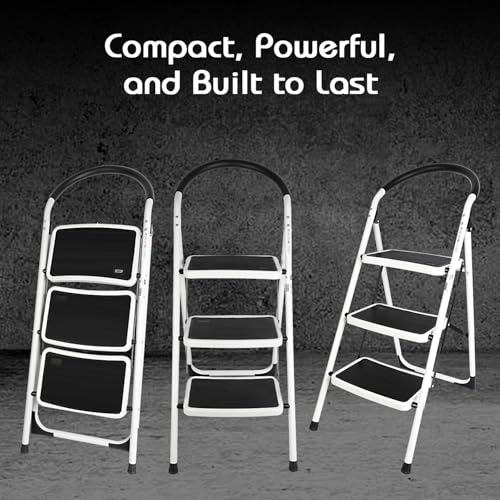 Image of Deli EDL509013 3-Step Iron Ladder with 670mm Height 360x270mm Anti-Slip Foot Cover Pedal Heavy Duty 150Kg Maximum Load Foldable Handgrip Stool for Household Office (1pc)