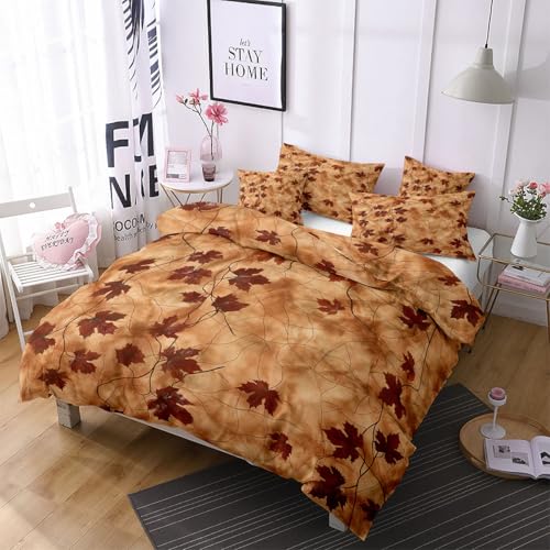 Housse de Couette Fermeture Éclair Imprimé Feuilles d'Érable Rouge Orange Réversible
