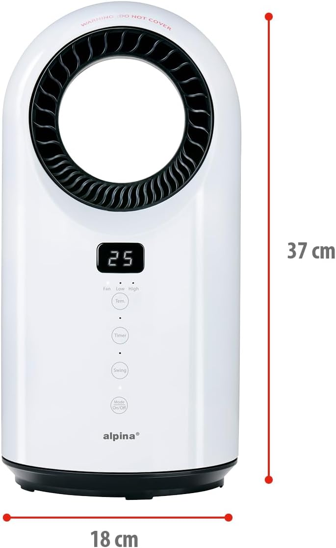 Front view of the alpina bladeless heater showing the LED display and control buttons.
