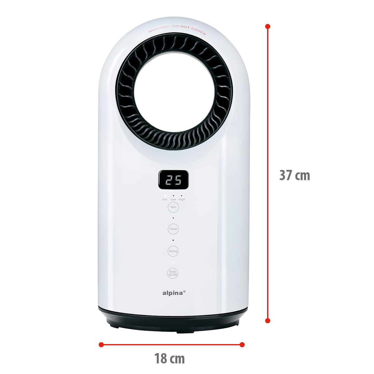 alpina Calefactor eléctrico y ventilador de 1500 W – Radiador de cerámica con temporizador y mando a distancia – Radiador oscilante con función de refrigeración y calefacción – 18 x 18 x 37 cm