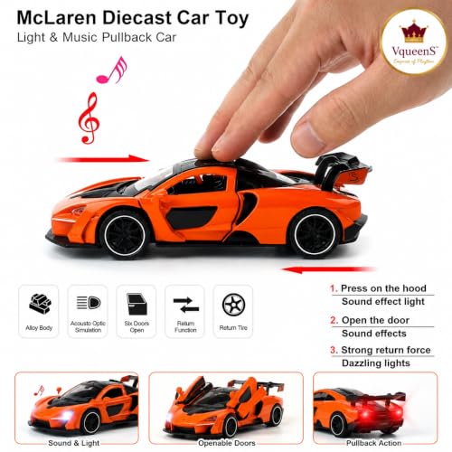 Image of VqueenS McLaren Senna Die Cast Metal Toy Car 1:36 Scale Pull Back Car with Openable Butterfly Doors, LED Lights & Sound Effects, Collectible Sports Racing Car for Kids & Adults (Random Colour)