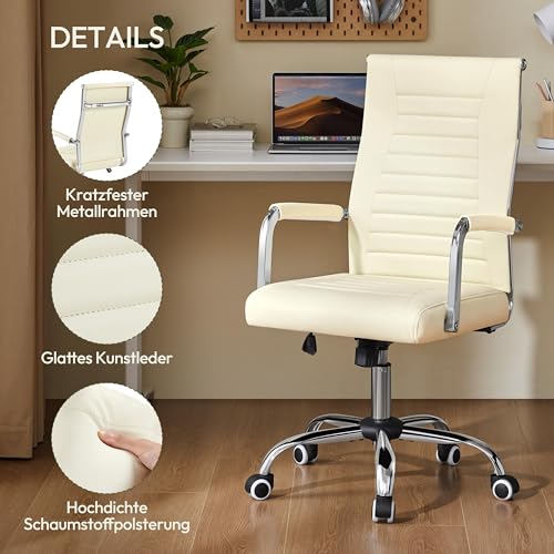 Yaheetech Bürostuhl ergonomischer Schreibtischstuhl mit Armlehnen, Chefsessel Computerstuhl hoher Rückenlehne, Arbeitsstuhl mit Wippfunktion bis 136 kg Belastbar Beige