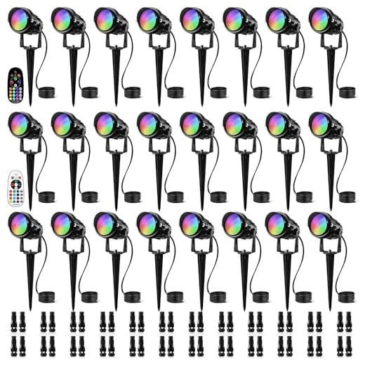 SUNVIE 24 Pack RGBW Low Voltage Landscape Lights, 12W LED Color Changing Landscape Lighting with Remote Control and Wire Connectors, AC/DC 12V-24V Waterproof Outdoor Spotlight for Yard Garden Pathway