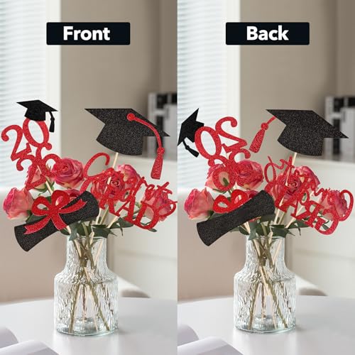 Image of 20 PCS Graduation Decorations Class of 2026, Black and Red Double-Sided Centerpieces, Grad Cap Sticks, Table Toppers, Graduation Party Decorations