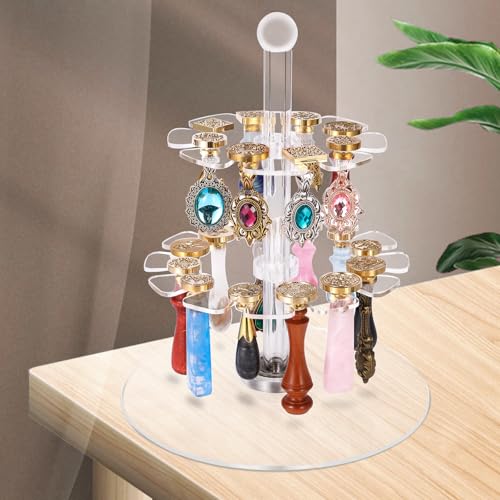 Image of 3 Tiers Rotatable Round Acrylic Display Stand for Wax Seal Kit, Wax Seal Stamp Head and Handle Storage Box Art Craft Container for Store Exhibition Bookstore Office and Home (No Wax Tools)