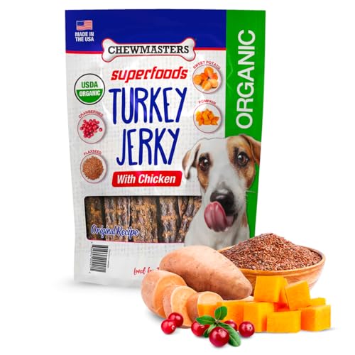 Chewmasters Organic Superfoods Turkey Jerky Dog Treats with Chicken, 2 Pound Bag, USDA Premium Organic Turkey, Made in The USA, by-Product Free, Real Meat Dog Treat, All Life Stages