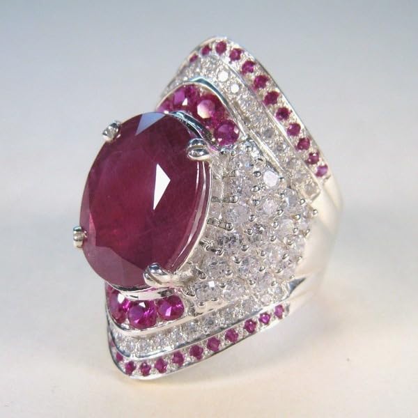 Engagement ring set with rubies and plated with 925 silver, featuring exaggerated full diamonds